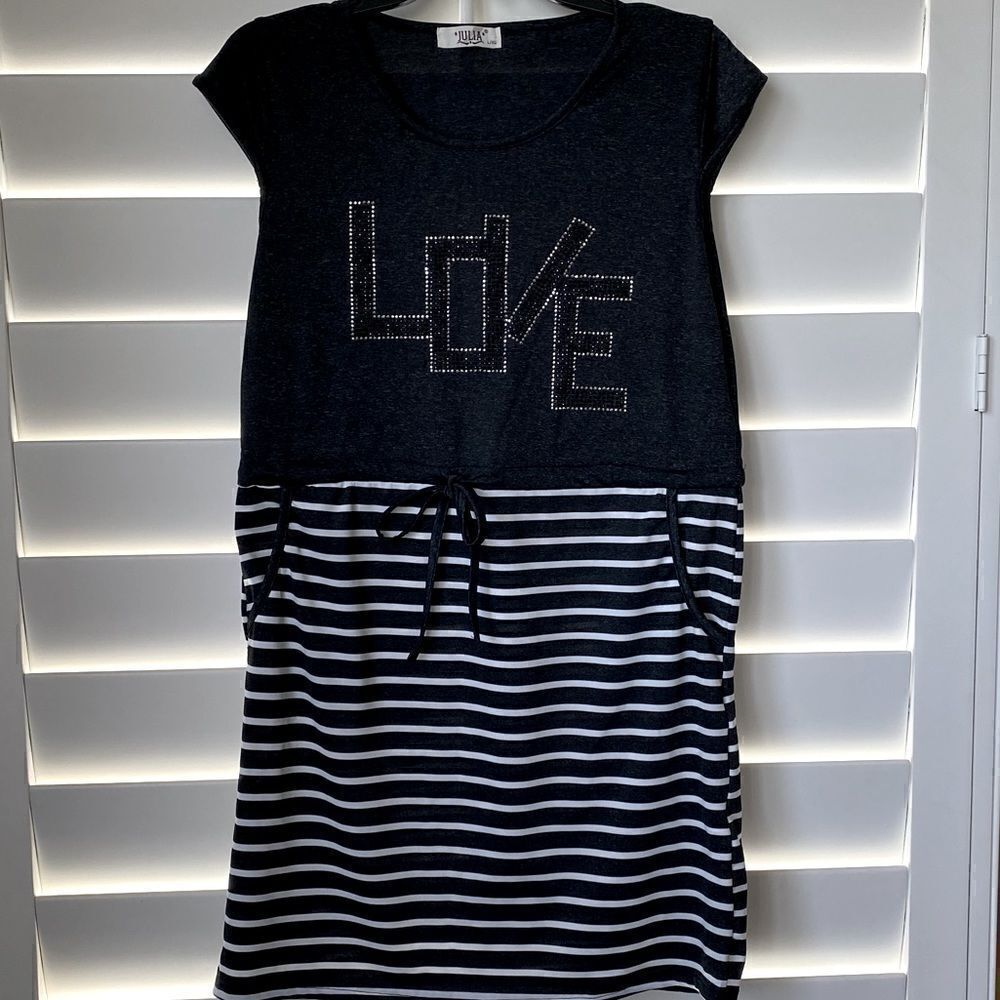 JULIA ROMPER/DRESS. LOVE printed on front with bling. Draw string waist. Sz L